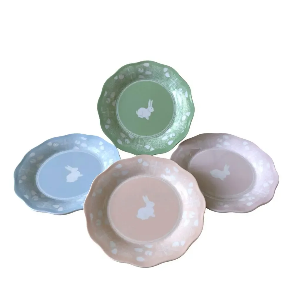 Pastel Easter Bunny Melamine Appetizer Plates 7in Set of 4 NEW